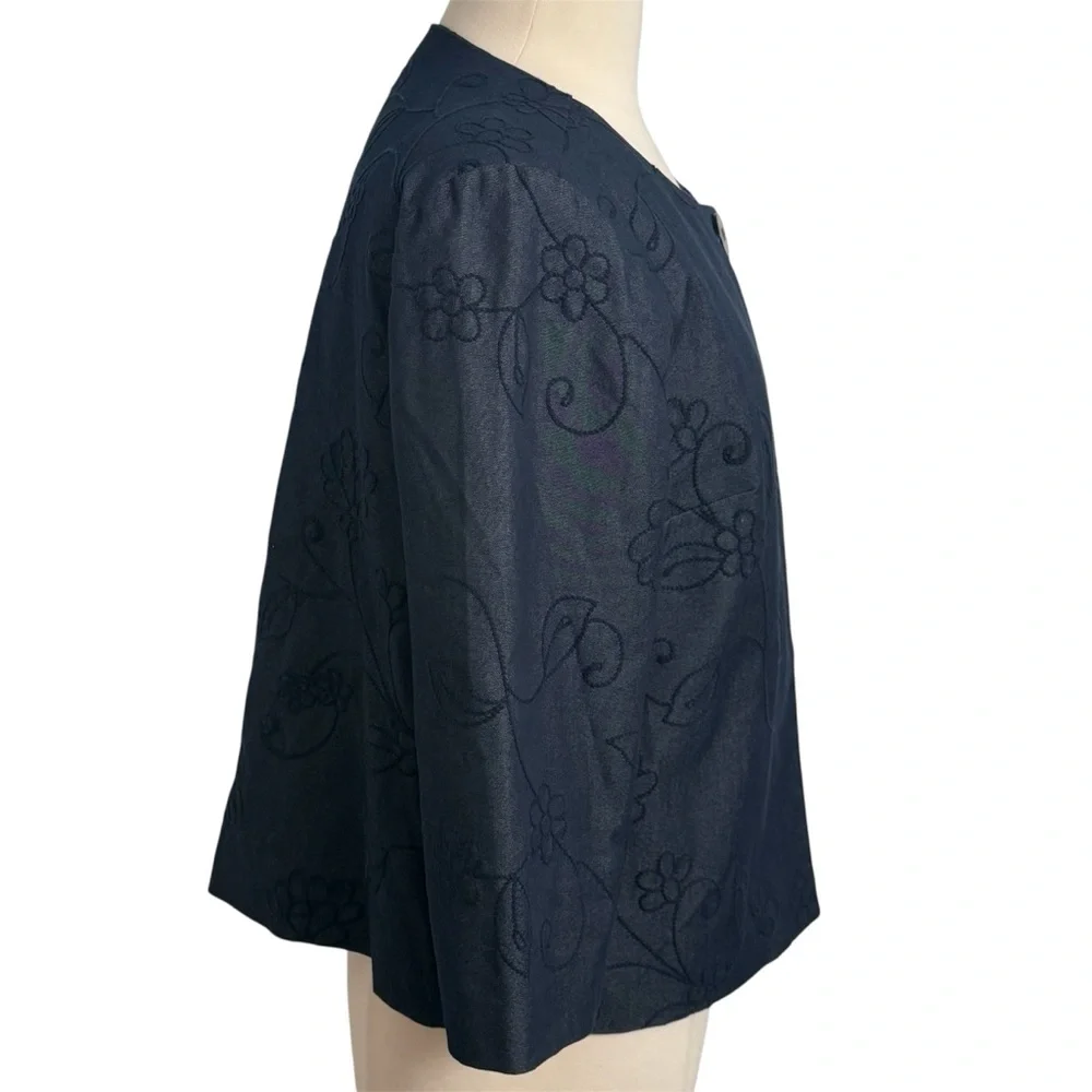 DJ & Co Womens Floral Jacquard Cropped Open Front Jacket, Navy Blue, Size 12‎